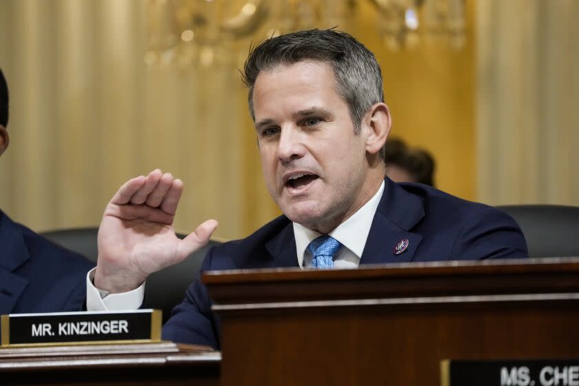 WASHINGTON, DC - JULY 21: House Select Committee to Investigate the January 6th Attack on the U.S. Capitol member Rep. Adam Kinzinger (R-IL) delivers opening remarks during a prime-time hearing in the Cannon House Office Building on July 21, 2022 in Washington, DC. The bipartisan committee, which has been gathering evidence on the January 6 attack at the U.S. Capitol, is presenting its findings in a series of televised hearings. On January 6, 2021, supporters of former President Donald Trump attacked the U.S. Capitol Building during an attempt to disrupt a congressional vote to confirm the electoral college win for President Joe Biden. (Kent Nishimura / Los Angeles Times)