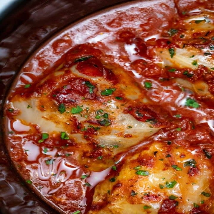 Stuffed cabbage rolls in tomato sauce in the slow cooker.