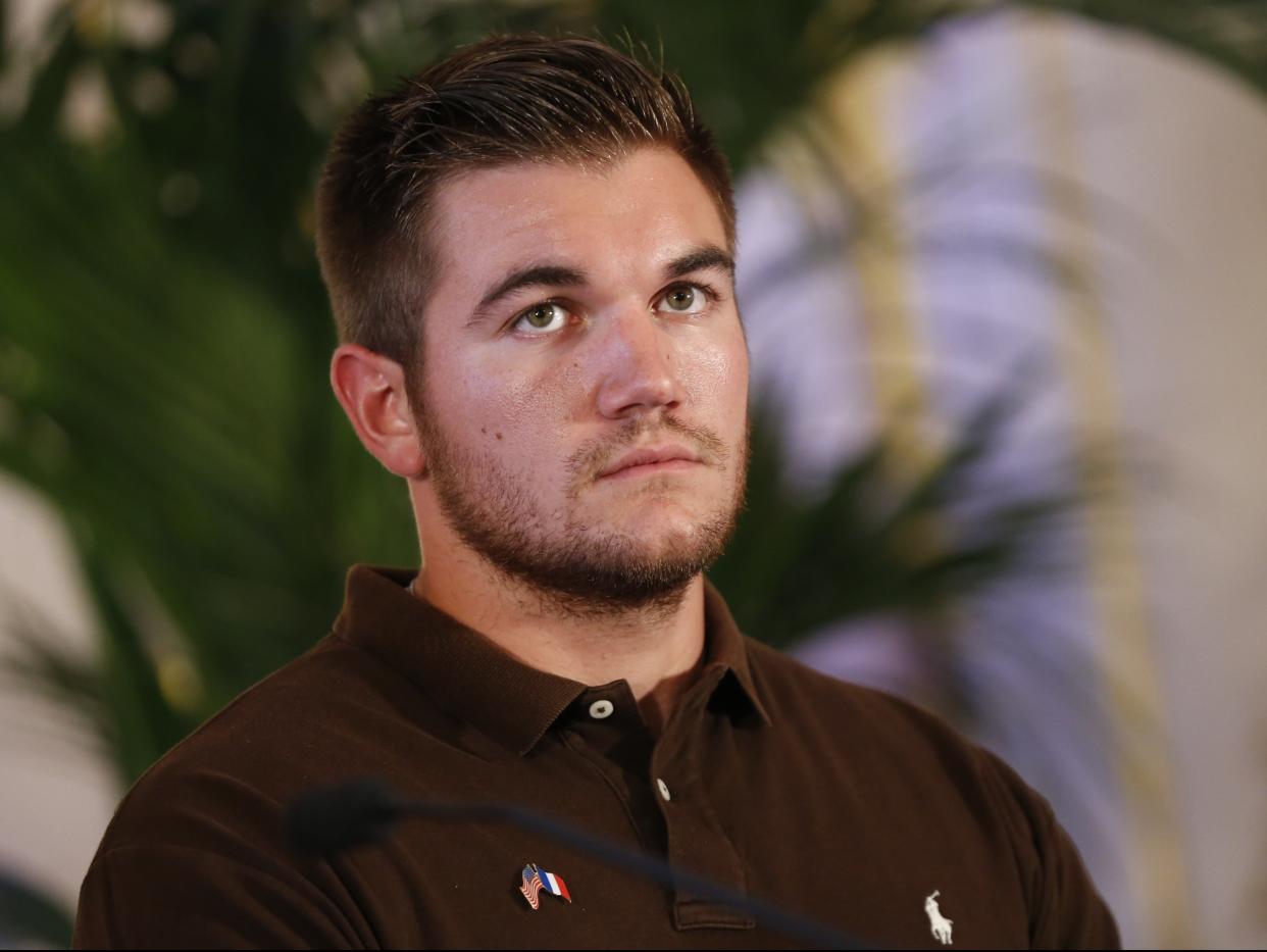 Alek Skarlatos looks on during a press conference at the US embassy in Paris on August 23, 2015 (AFP via Getty Images)