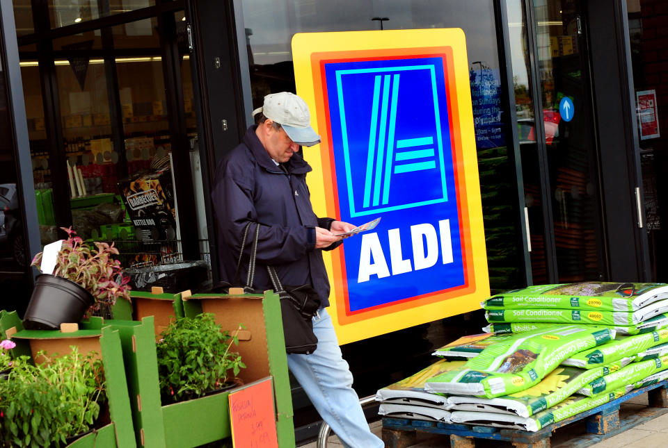 A general view of an Aldi supermarket logo in Swadlincote, South Derbyshire.   (Photo by Rui Vieira/PA Images via Getty Images)