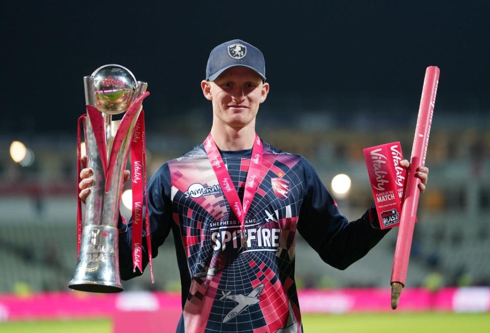 Jordan Cox celebrates with the trophy and the player of the match award (Mike Egerton/PA) (PA Wire)