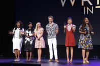 <p>Oprah Winfrey, Mindy Kaling, Reese Witherspoon, Chris Pine, Storm Reid, and director Ava DuVernay pump up the crowd before showing the film’s first trailer. (Photo: Disney) </p>