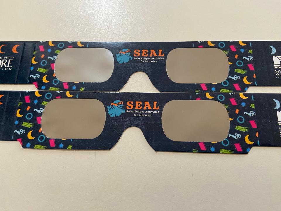 Solar eclipse glasses from the Gordon and Betty Moore Foundation can be used for the Annular Eclipse on Oct. 14, 2023, and the Total Eclipse on April 8, 2024. These have the ISO symbol on them and are safe for direct solar viewing.