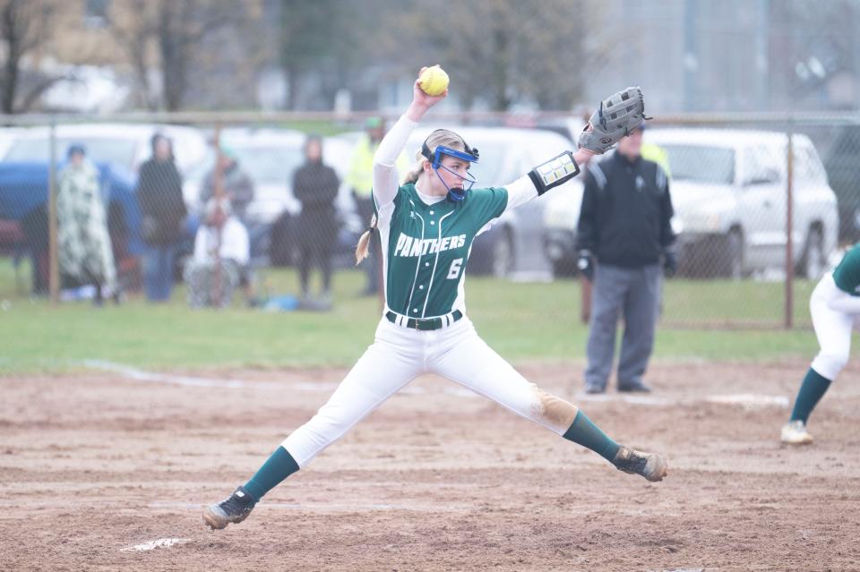 Pennfield senior Avery Moran pitches during a game at Battle Creek Central High School on Thursday, April 4, 2024.