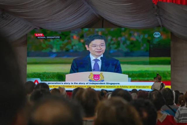 Singapore Prime Minister and Minister for Finance Lawrence Wong delivers his first National Day Message 2024, which was recorded at the Istana, and telecast on 8 August 2024. (Photo: Nicky Loh/Bloomberg)