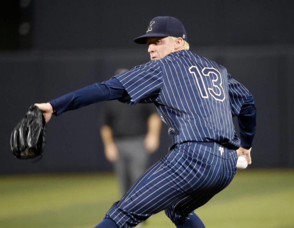 Keller pitcher Mason Coo (13) works the fifth inning during the Conference 6A Region 1 Semi-final baseball playoffs at Dallas Baptist University in Dallas, Texas, Friday May 24, 2024.