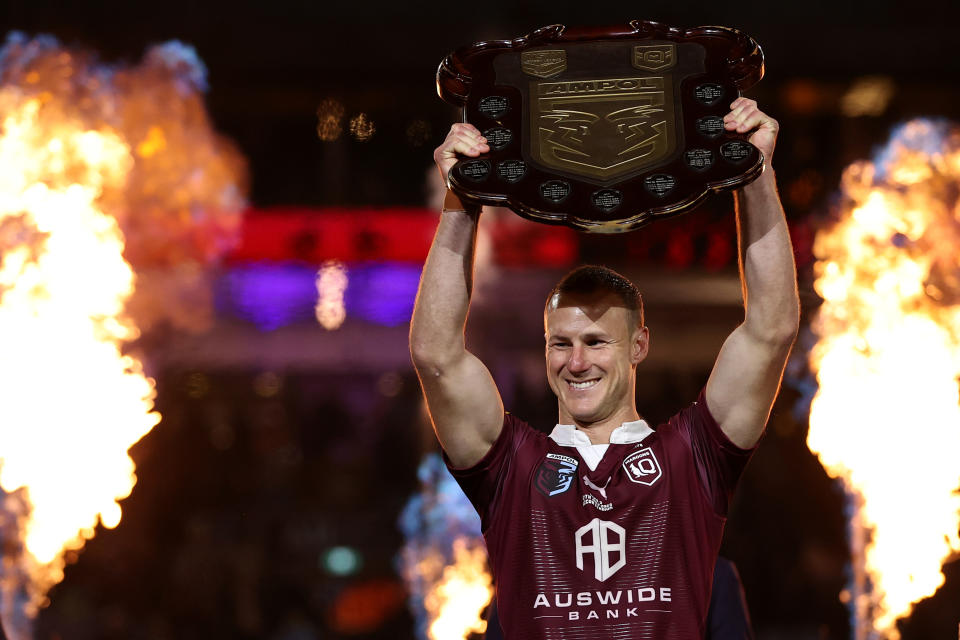 SYDNEY, AUSTRALIA - JULY 12: Daly Cherry-Evans of the Maroons holds aloft the State of Origin Shield after game three of the State of Origin series between New South Wales Blues and Queensland Maroons at Accor Stadium on July 12, 2023 in Sydney, Australia. (Photo by Brendon Thorne/Getty Images)