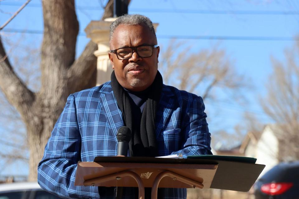 Greg Woods, associate pastor at Trinity Fellowship Church, was one of the guest speakers at the activities after a previous year's MLK parade ended at Bones Hooks Park.