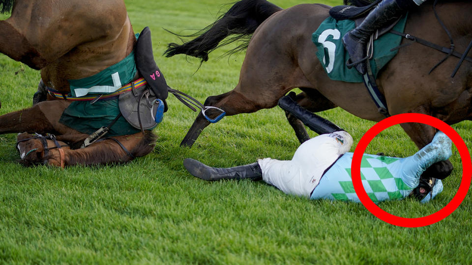 Jockey Gina Andrews was taken to hospital after being kicked in the face in a fall at Cheltenham Racecourse on December 11. (Photo by Alan Crowhurst/Getty Images)