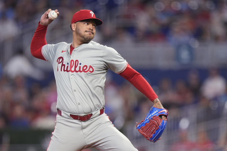 Philadelphia Phillies' Taijuan Walker delivers a pitch during the first inning of a baseball game against the Miami Marlins, Saturday, May 11, 2024, in Miami. (AP Photo/Wilfredo Lee)