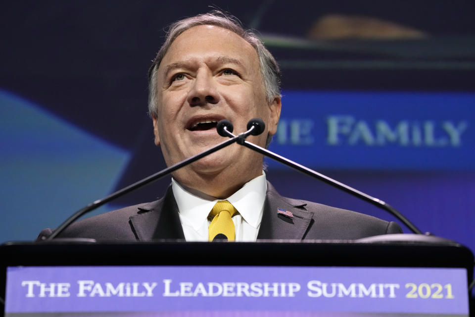 Former Secretary of State Mike Pompeo speaks during the Family Leadership Summit, Friday, July 16, 2021, in Des Moines, Iowa. (AP Photo/Charlie Neibergall)