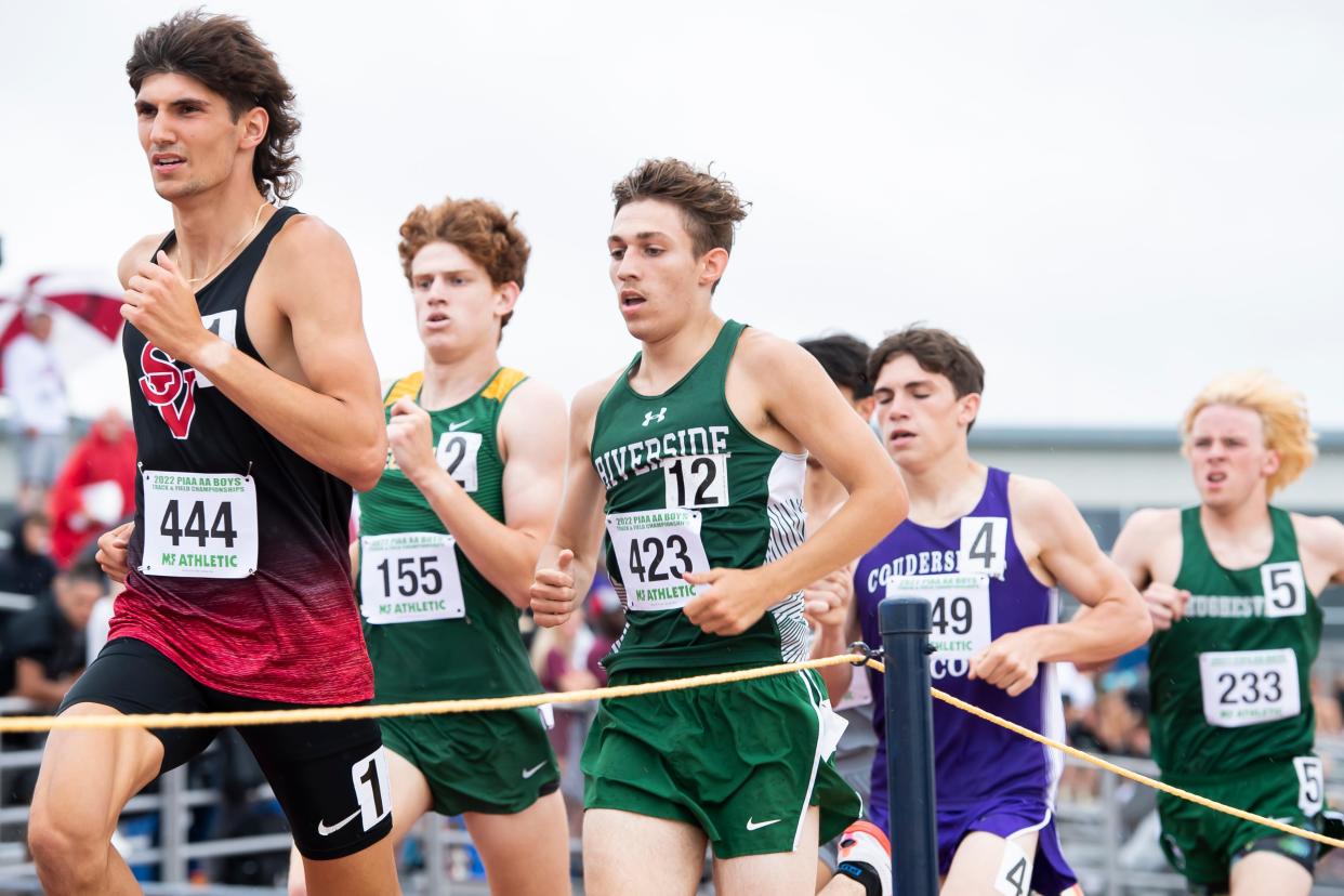 Riverside's Ty Fluharty (423) competes in the 2A boys' 1600-meter run at the PIAA Track and Field Championships at Shippensburg University. Fluharty finished in 4:17.38 to place seventh.