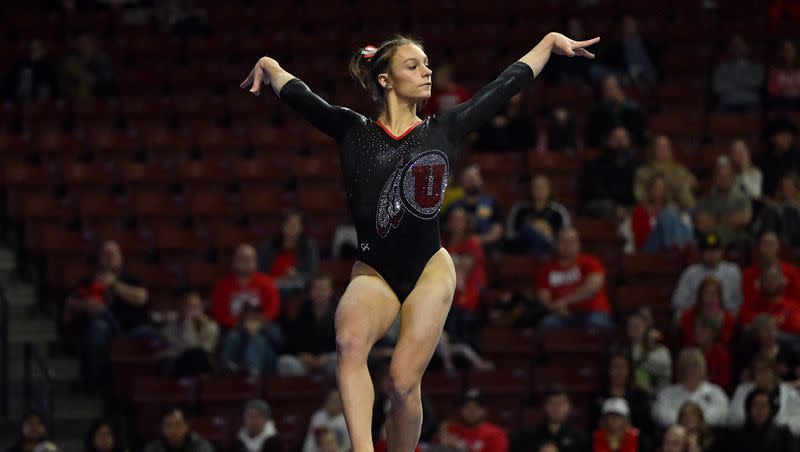 Utah’s Grace McCallum performs on the Bean as BYU, Utah, SUU and Utah State meet in the Rio Tinto Best of Utah Gymnastics competition at the Maverick Center in West Valley City on Monday, Jan. 15, 2024.