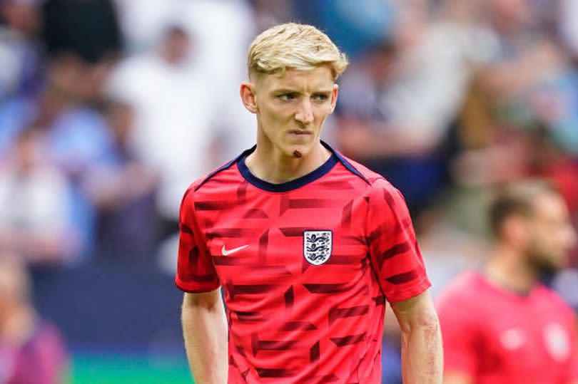 Anthony Gordon warms up before England scraped past Slovakia.