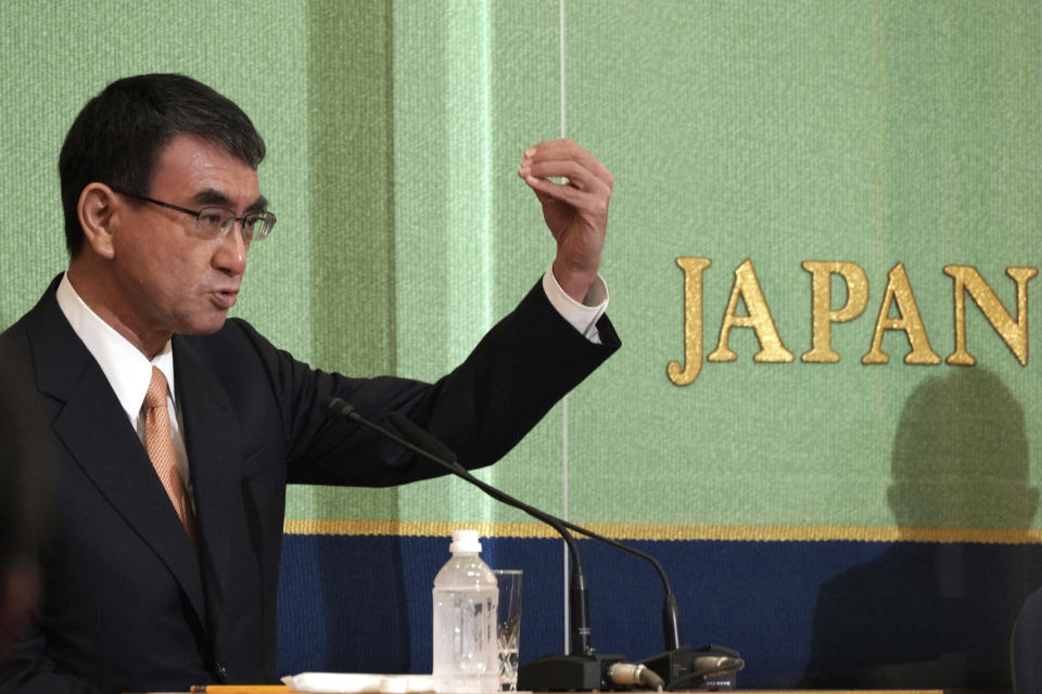 Taro Kono, the cabinet minister in charge of vaccinations, one of candidates for the presidential election of the ruling Liberal Democratic Party speaks during a debate session held by Japan National Press club Saturday, Sept. 18, 2021 in Tokyo. The contenders are also Fumio Kishida, former foreign minister, Sanae Takaichi, former internal affairs minister, and Seiko Noda, former internal affairs minister. (AP Photo/Eugene Hoshiko, Pool)