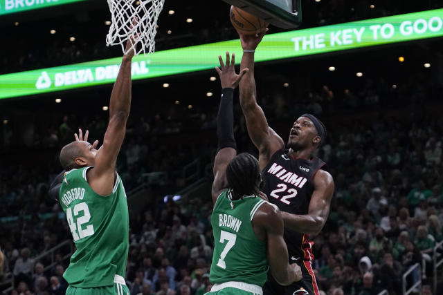 Miami Heat forward Jimmy Butler, right, has carried his team to the NBA Finals. (AP Photo/Charles Krupa )