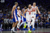 New York Knicks' Jalen Brunson (11) reacts during the second half of Game 6 in an NBA basketball first-round playoff series against the Philadelphia 76ers, Thursday, May 2, 2024, in Philadelphia. (AP Photo/Matt Slocum)