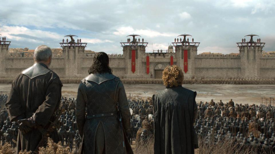 <p>Davos, Jon, and Tyrion stand with their armies outside the walls of King's Landing.</p>