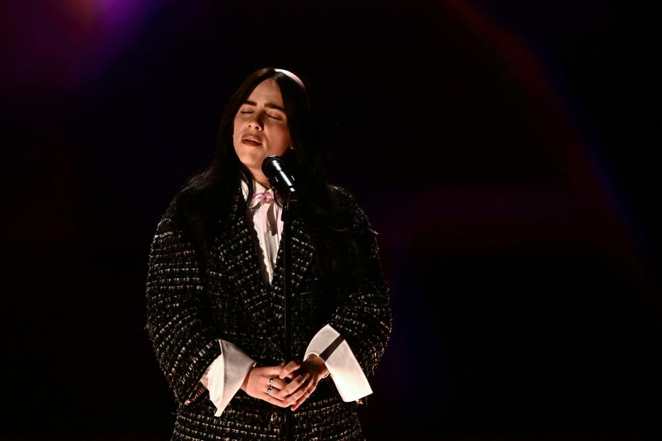 U.S. singer-songwriter Billie Eilish performs "What Was I Made For?" onstage during the 96th Annual Academy Awards.