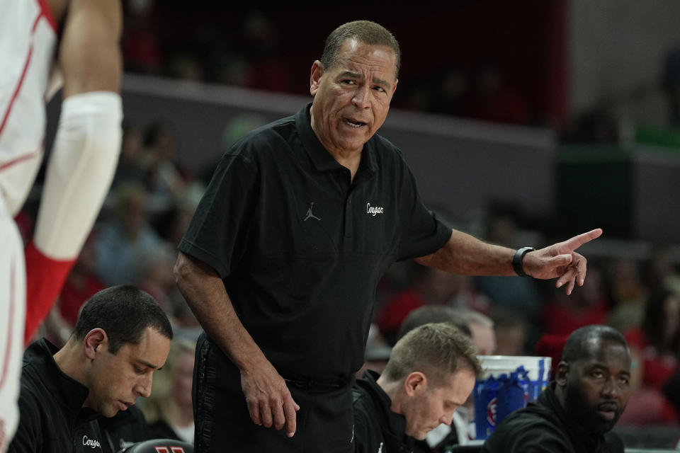 Houston head coach Kelvin Sampson instructs his team during the first half of an NCAA college basketball game against North Carolina A&T, Tuesday, Dec. 13, 2022, in Houston. (AP Photo/Kevin M. Cox)