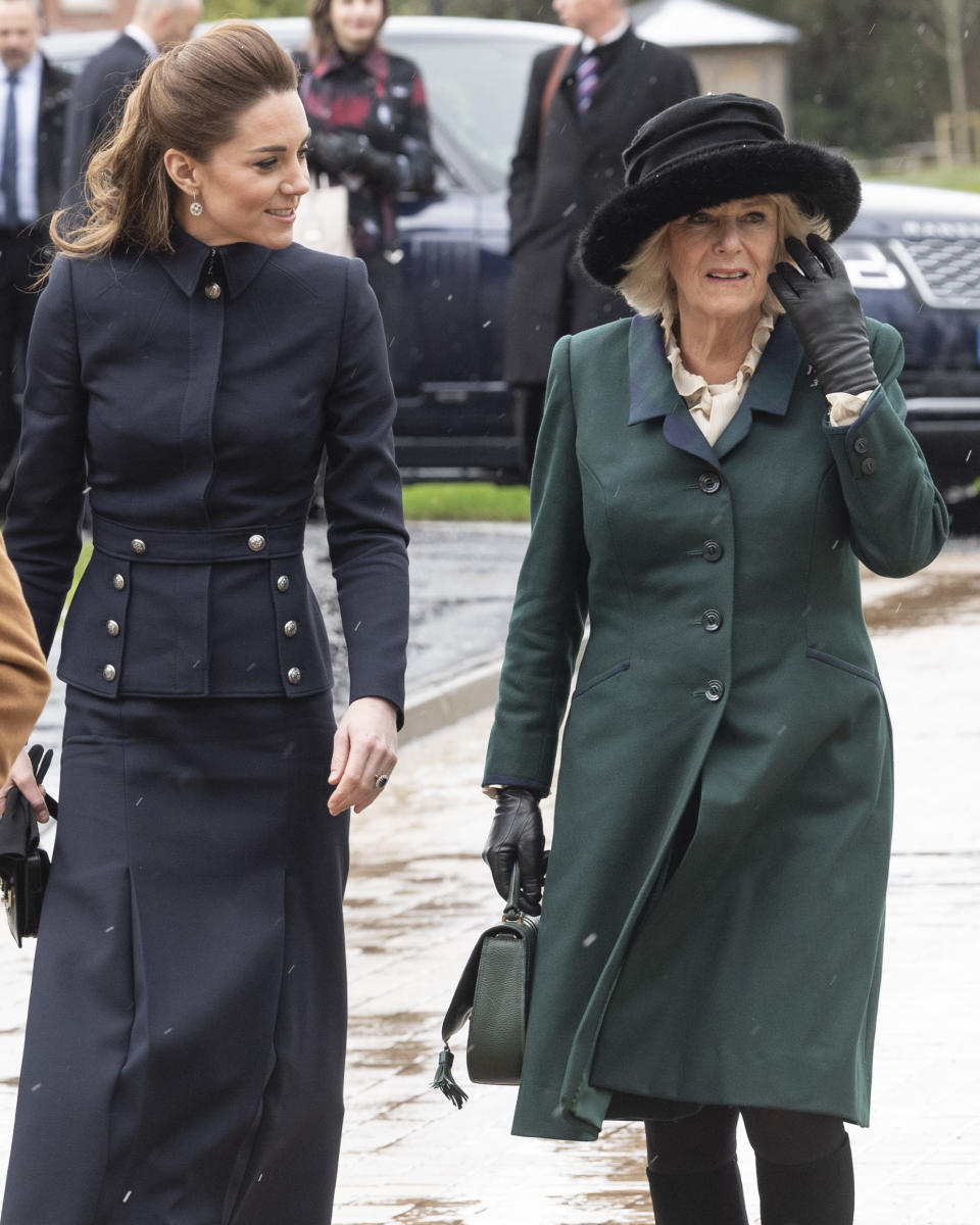 LOUGHBOROUGH, ENGLAND - FEBRUARY 11: Catherine, Duchess of Cambridge and Camilla, Duchess of Cornwall visit the Defence Medical Rehabilitation Centre Stanford Hall to meet patients and staff on February 11, 2020 in Loughborough, United Kingdom. (Photo by Mark Cuthbert/UK Press via Getty Images)