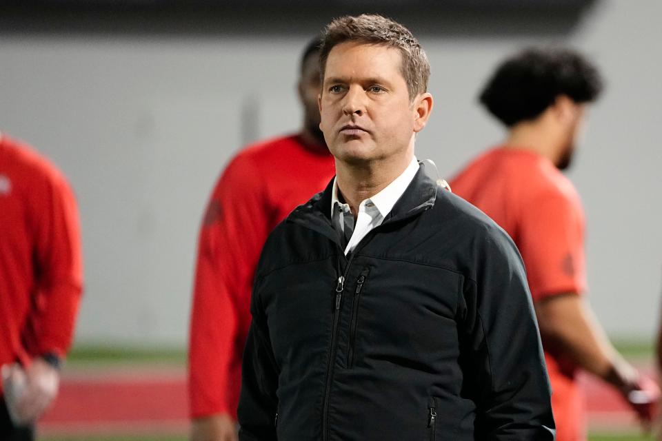 ESPN analyst Todd McShay watches Ohio State Buckeyes run through drills during Ohio State football’s pro day at the Woody Hayes Athletic Center in Columbus on March 22, 2023. 