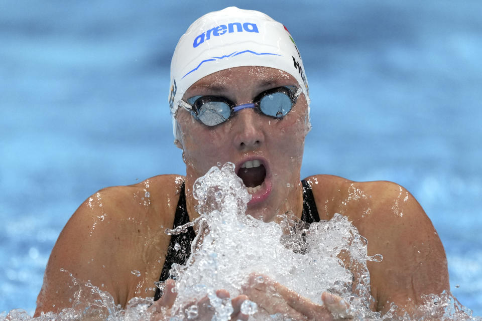 Katinka Hosszu of Hungary swims in a heat during the women's 200-meter individual medley at the 2020 Summer Olympics, Monday, July 26, 2021, in Tokyo, Japan. (AP Photo/Matthias Schrader)