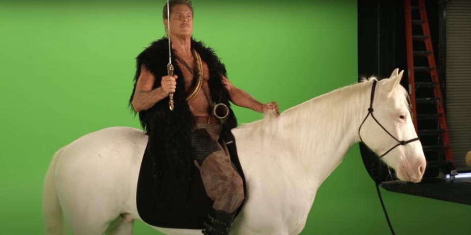 David Hasselhoff on a horse on the set of the music video