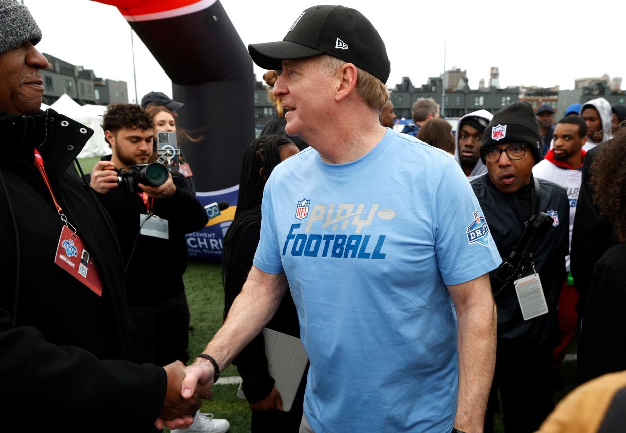 NFL commissioner Roger Goodell talks with the crowd after the end of the NFL Play Football Prospect Clinic with Special Olympics athletes and 13 of the 2024 NFL draft prospects at the Corner Ballpark in Detroit on Wednesday, April 24, 2024.