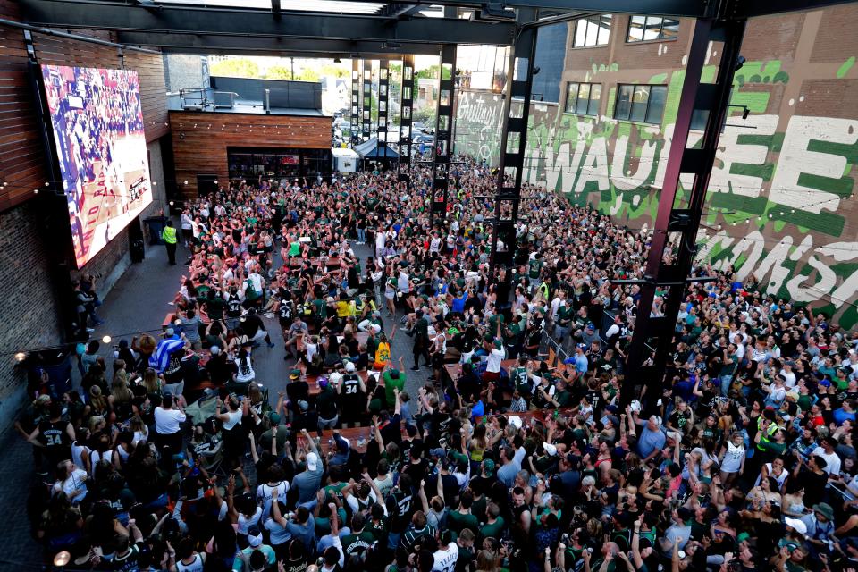 The Mecca Sports Bar and Grill was crowded as thousands of fans descended on the Deer District on May 25, 2019 to watch the Bucks compete in the Eastern Conference Finals.