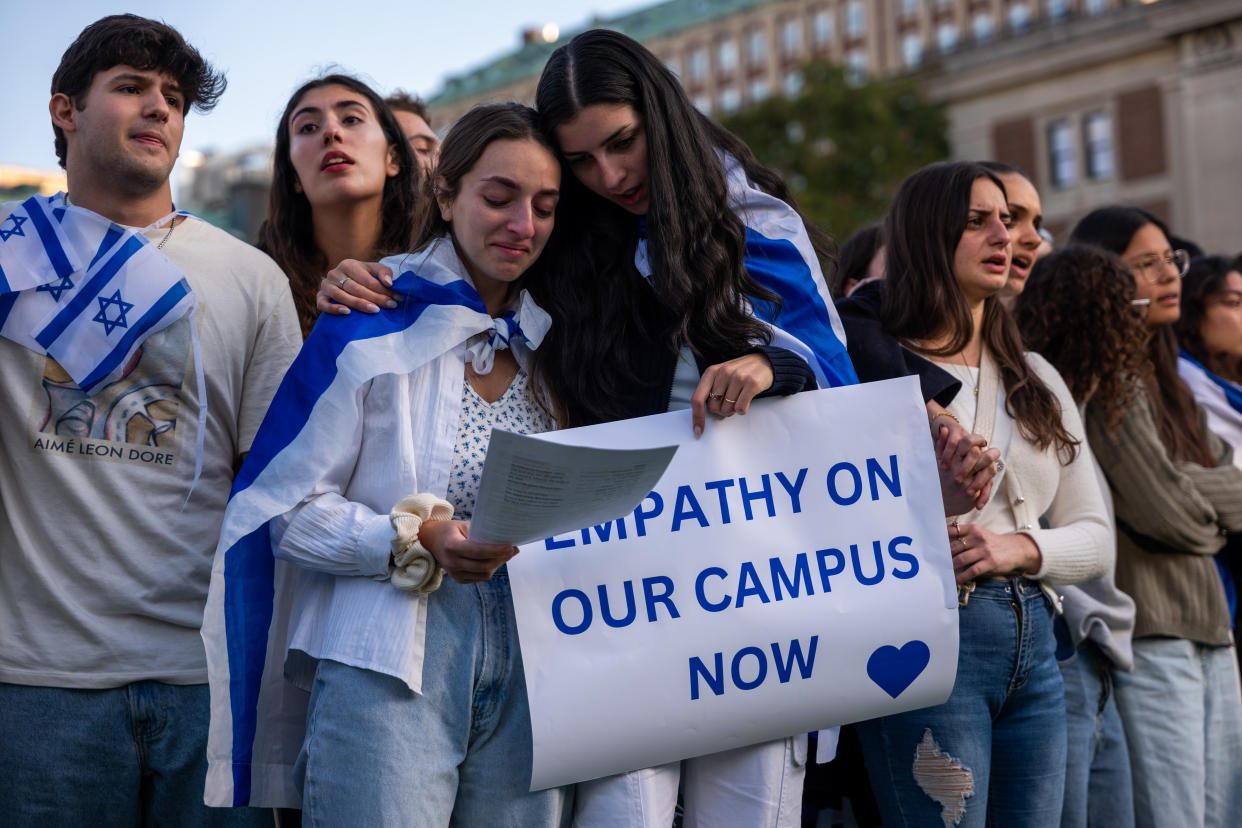 Columbia University students participate in a rally in support of Israel in response to a neighboring student rally in support of Palestine in New York City on Oct. 12. (Spencer Platt/Getty Images)