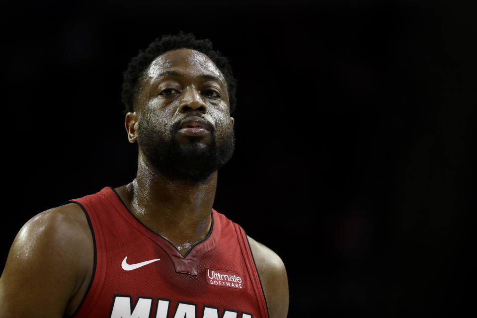 Miami Heat's Dwyane Wade in action during an NBA basketball game against the Philadelphia 76ers, Thursday, Feb. 21, 2019, in Philadelphia. (AP Photo/Matt Slocum)