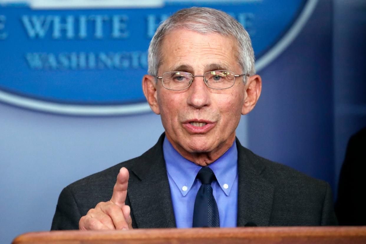 FILE - In this April 7, 2020, file photo, Dr. Anthony Fauci, director of the National Institute of Allergy and Infectious Diseases, speaks about the coronavirus in Washington. With New York City at the epicenter of the coronavirus outbreak in the U.S. and its native-born among those offering crucial information to the nation in televised briefings, the New York accent has stepped up to the mic. Fauci's science-based way of explaining the crisis at White House briefings has attracted untold numbers of fans, and New York Gov. Andrew Cuomo's news conferences have become must-see TV. (AP Photo/Alex Brandon, File)