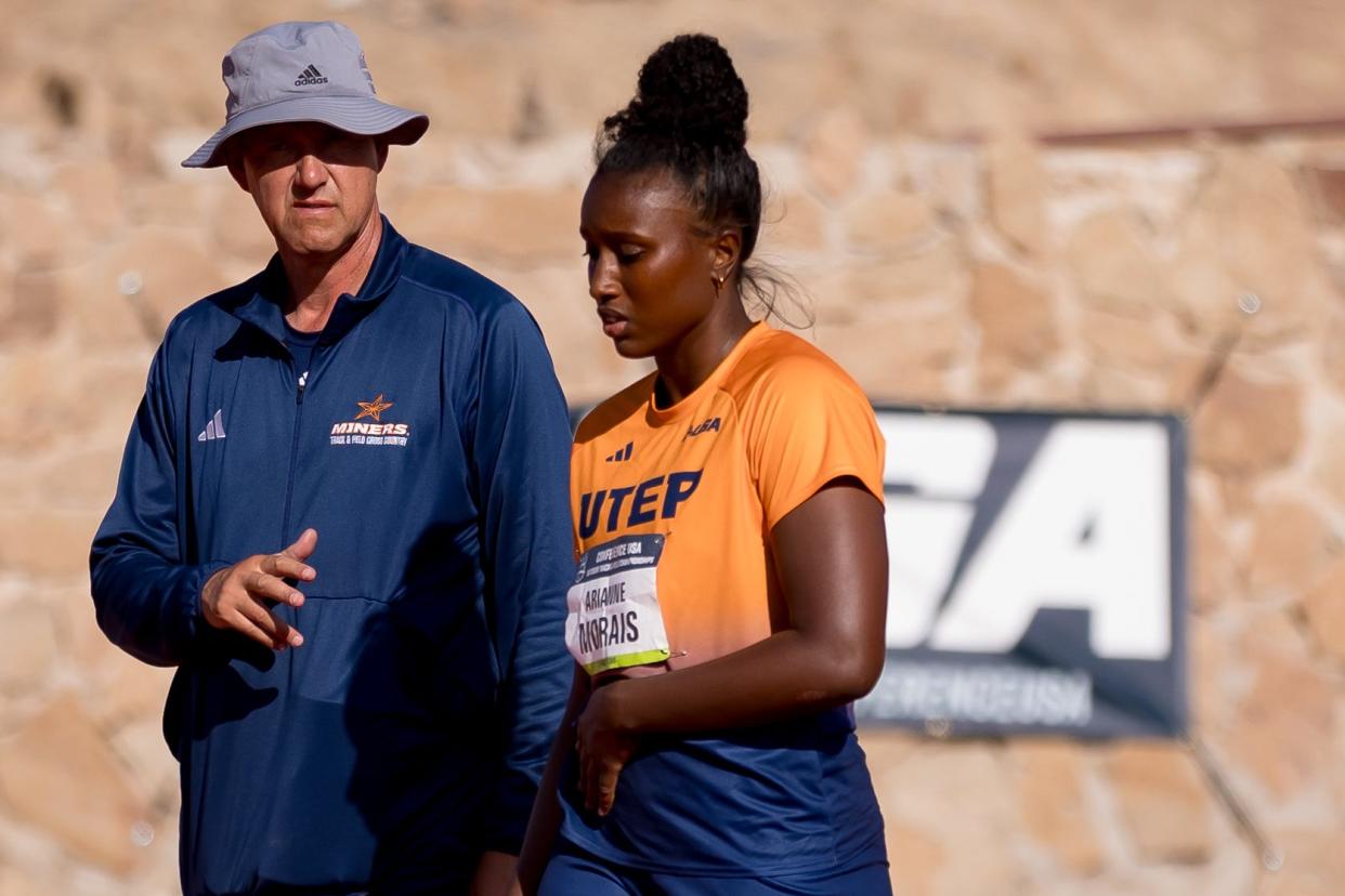 UTEP track and field coach Mika Laaksonen talks to Arianne Morais after she competes in the women's javelin throw at the Conference USA track and field championships at the Kidd Field at UTEP on Friday, May 10, 2024.