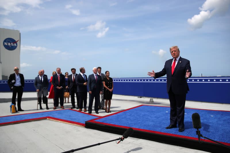 U.S. President Donald Trump delivers a speech after watching the launch of a SpaceX Falcon 9 rocket and Crew Dragon spacecraft, from Cape Canaveral