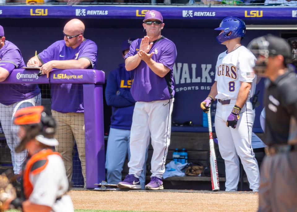 Tigers head coach Jay Johnson in the dugout as The LSU Tigers take on Oregon State in the  2023 NCAA Div 1 Regional Baseball Championship at Alex Box Stadium in Baton Rouge, LA. Sunday, June 4, 2023.