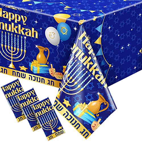 3 Pcs Hanukkah Tablecloth Chanukah Party Table Cover Plastic Jewish Festival Chanukah Tablecloth Blue and Gold Chanukah Table Cover for Holiday Menorah Party Supplies Kitchen Dining, 108 x 54 inch