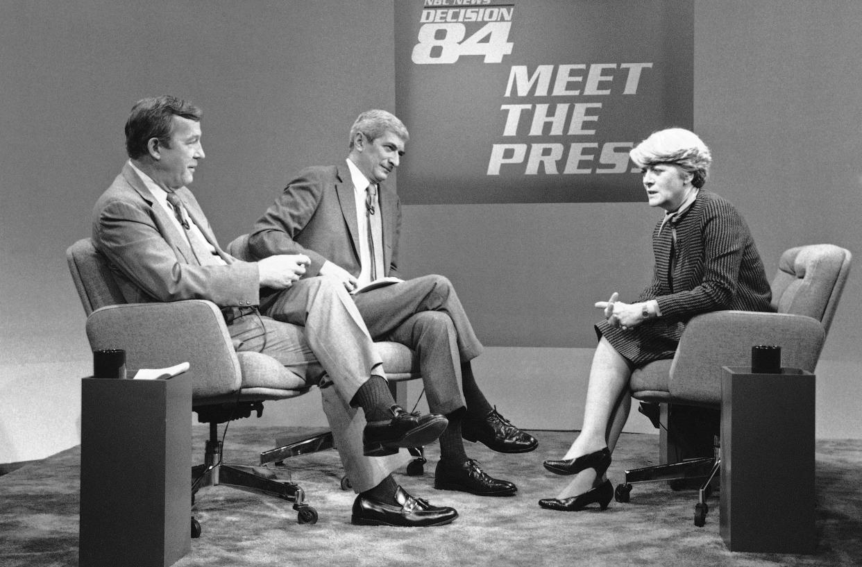 Democratic vice presidential nominee Geraldine Ferraro, right, talks with Roger Mudd, far left, and Marvin Kalb, center, on NBC?s ?Meet The Press? Sunday, Oct. 14, 1984 in New York. Rep. Ferraro spoke of her position on political issues and the recent progress made by the Democratic Party candidacy in various polls. (AP Photo/Joel Landau)