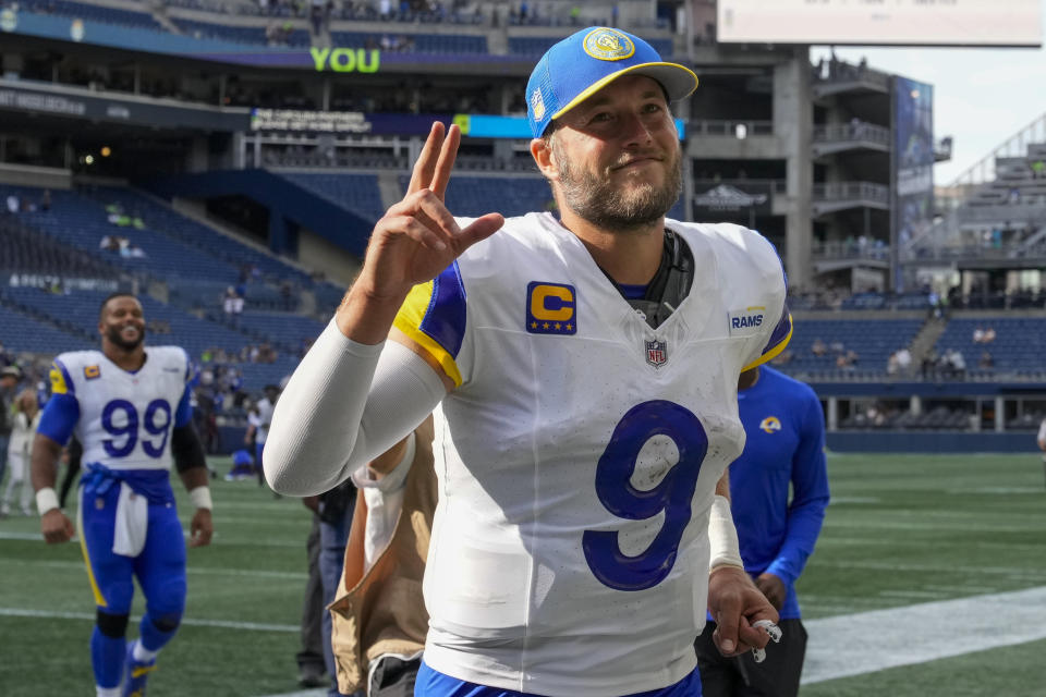 Los Angeles Rams quarterback Matthew Stafford leaves the field after their win against the Seattle Seahawks during the second half of an NFL football game Sunday, Sept. 10, 2023, in Seattle. (AP Photo/Stephen Brashear)