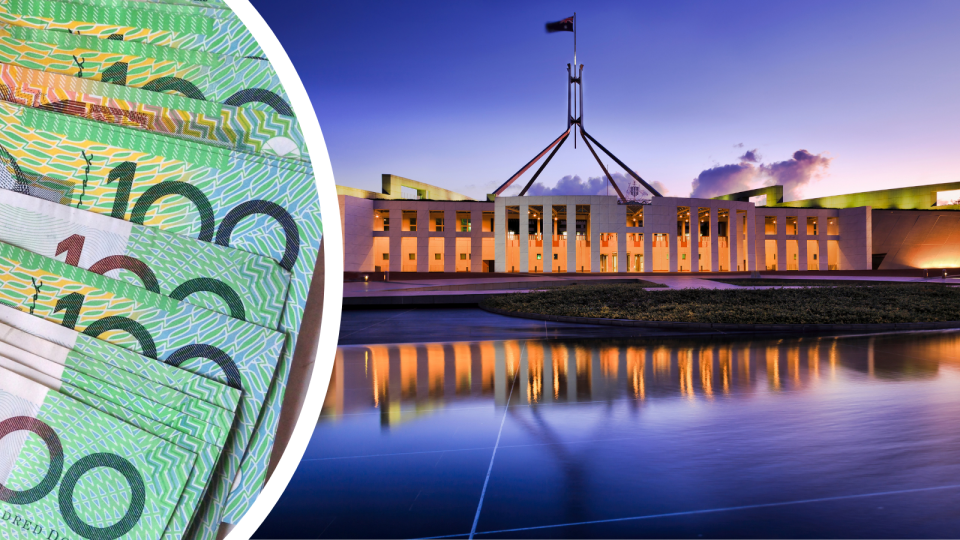 Australian $100 notes fanned out and Australian Parliament House in Canberra.