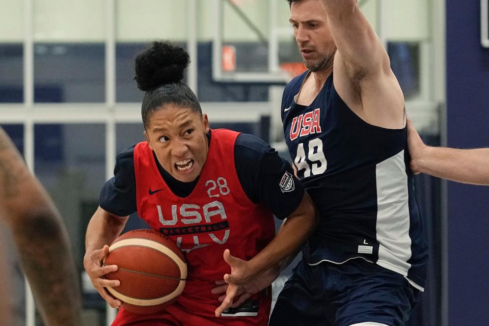 Powers drives past a practice player at USA Basketball camp.