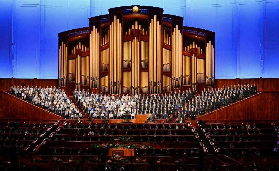 The choir consisting of single adults from the Utah County area sings during the Saturday evening session of the 193rd Semiannual General Conference of The Church of Jesus Christ of Latter-day Saints at the Conference Center in Salt Lake City on Saturday, Sept. 30, 2023. | Scott G Winterton, Deseret News