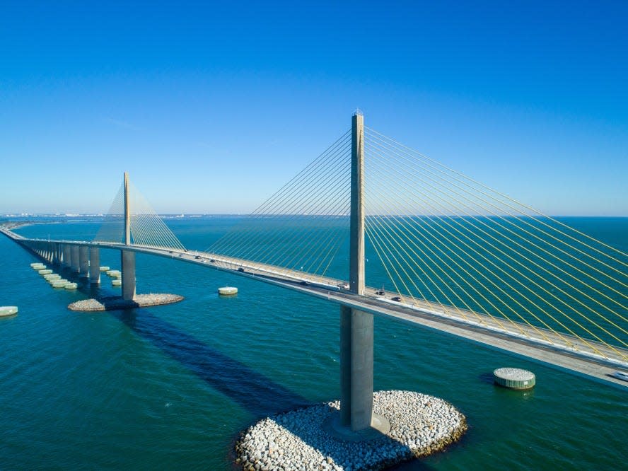 Sunshine Skyway Bridge above the ocean in Florida