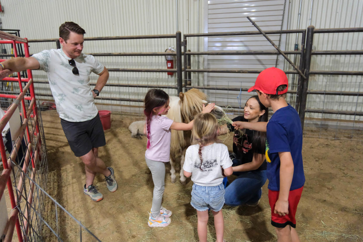 A group of children pet and feed a small horse at the Texas Tech School of Veterinary Medicine "Barks and Recreation" event Saturday at Mariposa Station in west Amarillo