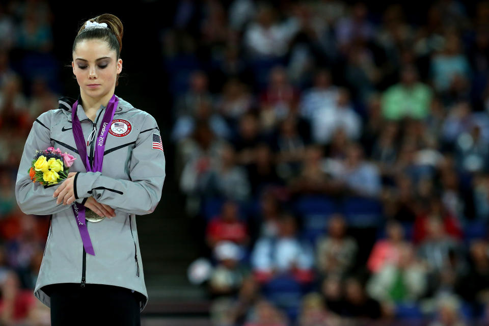 McKayla Maroney of the United States stands on the podium with her silver medal during the medal ceremony following the Artistic Gymnastics Women's Vault final on Day 9 of the London 2012 Olympic Games at North Greenwich Arena on August 5, 2012 in London, England. (Photo by Ronald Martinez/Getty Images)