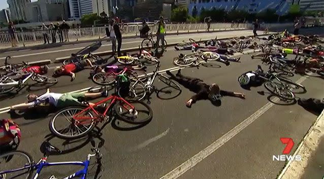 The action was carried out to protest the proposed removal of dedicated bike lanes. Source: 7 News