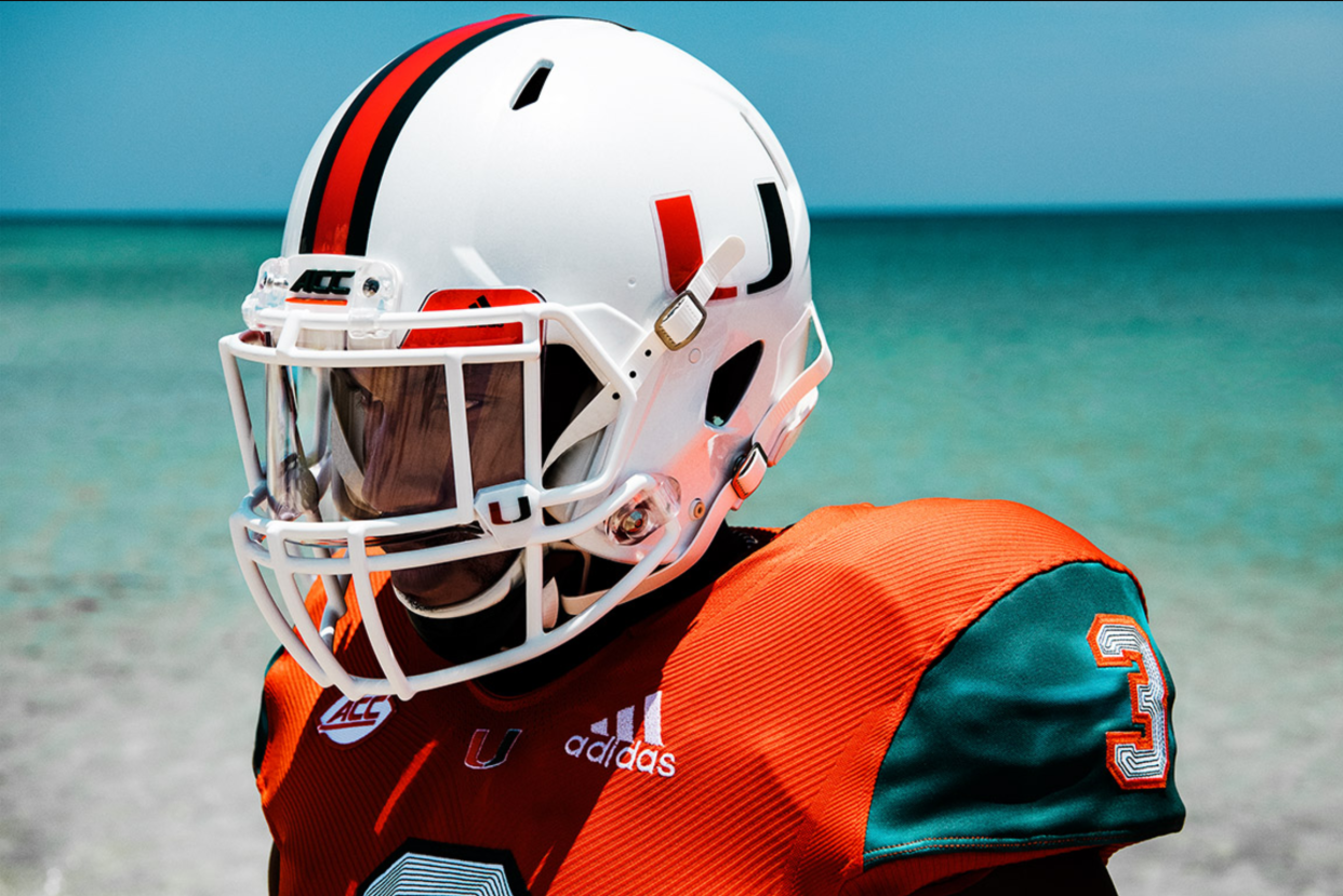 The University of Miami unveiled its new Adidas x Parley A1 uniforms Monday. (The University of Miami and Adidas)