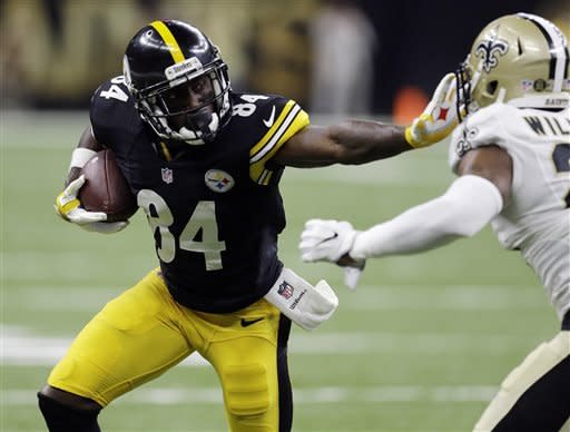 FILE - In this Aug. 26, 2016, file photo, Pittsburgh Steelers wide receiver Antonio Brown (84) runs against New Orleans Saints cornerback P.J. Williams (25) in the first half of an NFL preseason football game in New Orleans.  A person familiar with the deal tells The Associated Press the Steelers restructured Brown’s current contract to give him a  million advance against his 2017 salary. The person spoke on condition of anonymity Wednesday, Aug. 31, 2016, because the details had not been made public. (AP Photo/Butch Dill, File)