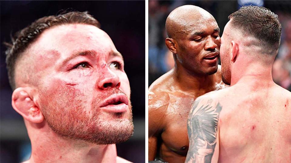 Colby Covington (pictured left) looking up after his fight and (pictured right) embracing Kamaru Usman (pictured right) after their UFC welterweight bout.