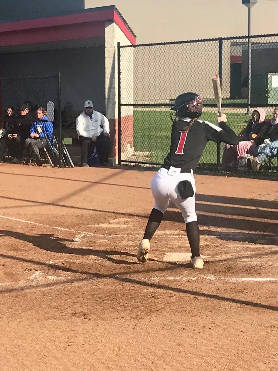 Pleasant's Hannah Miller awaits a pitch during a home softball game with Ontario last week.